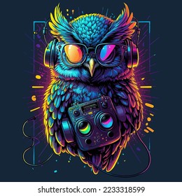 Owl character wearing glasses and headphones in synthwave style on a dark background. Gift card. Design for a t-shirt.