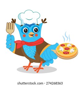 Owl Chef With Pizza. Cute Image On A White Background. Funny Owl. Cartoon Vector Illustrations. Owl Picture. Owl Memes. Owl Jokes. Owl Toy. Owl Sticker. Owl Costume. Pizza Joint. Pizza Maker.