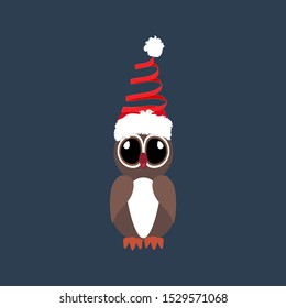 Owl in christmas costume illustration on the blue background. Vector illustration