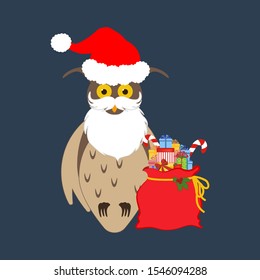 Owl in christmas costume illustration on the blue background. Vector illustration