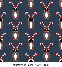 Owl in christmas costume seamless pattern on the blue background. Vector illustration