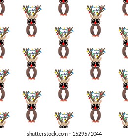 Owl in christmas costume seamless pattern on the white background. Vector illustration