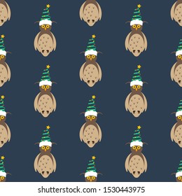 Owl in christmas costume seamless pattern on the blue background. Vector illustration