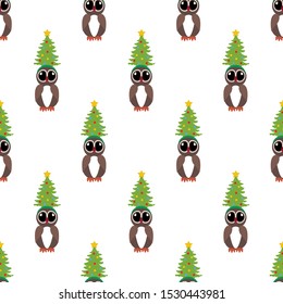 Owl in christmas costume seamless pattern on the white background. Vector illustration
