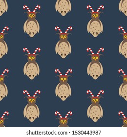Owl in christmas costume seamless pattern on the blue background. Vector illustration