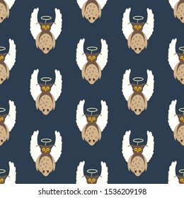Owl in christmas costume seamless pattern on the blue background. Vector illustration
