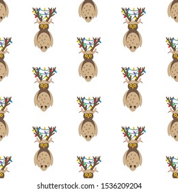 Owl in christmas costume seamless pattern on the white background. Vector illustration