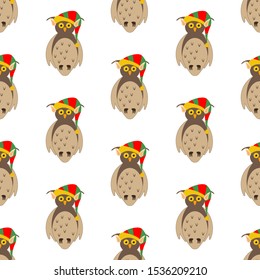 Owl in christmas costume seamless pattern on the white background. Vector illustration