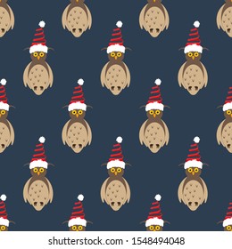 Owl in christmas costume seamless pattern on the blue background. Vector illustration