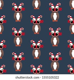 Owl in christmas costume seamless pattern on the blue background. Vector illustration