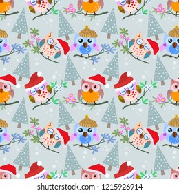 Owl with christmas hat and tree on branch pattern