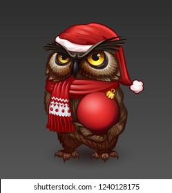 Lechuza con sombrero de Navidad. Ilustración del vector