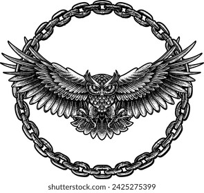 Owl circle chain logo handrawing illustration vector graphic