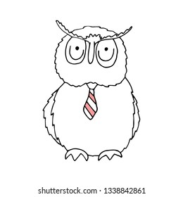 Owl. A clever owl in a red tie. The black. Scribble. Handwriting. Doodle. Vector illustration