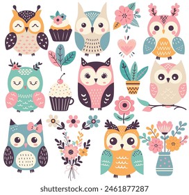 Owl clipart. Cute owls with decorative elements.Simple vector graphics.