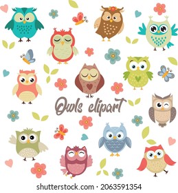 Owl clipart. Funny cartoon owls isolated on white background