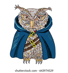Owl in cloak modern original print. Hand drawn vector illustration