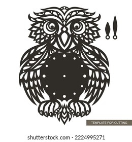 Owl clock. Brown dial bird and two hands isolated on white background. Interior decoration or children's room. Vector template for plotter laser cutting of paper, metal engraving, wood carving, cnc. 