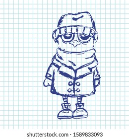 Owl in a coat drawn with a pen in a notebook