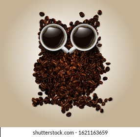 An owl of coffee beans, and two cups of black coffee are her eyes. Highly realistic illustration.