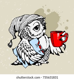 Owl and coffee cup hipster print. Hand drawn poster with grunge background and splash for t-shirt design, school books, notebooks and more