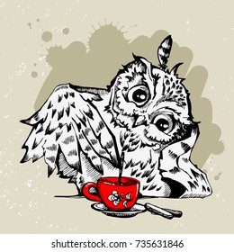 Owl and coffee cup hipster print. Hand drawn poster with grunge background and splash for t-shirt design, school books, notebooks and more