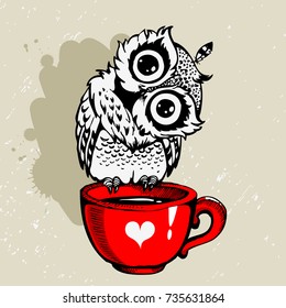 Owl and coffee cup hipster print. Hand drawn poster with grunge background and splash for t-shirt design, school books, notebooks and more