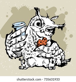Owl and coffee cup hipster print. Hand drawn poster with grunge background and splash for t-shirt design, school books, notebooks and more