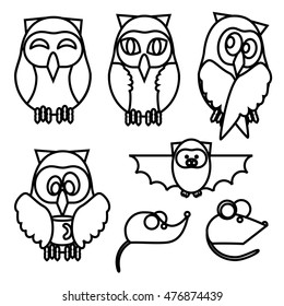 owl, owl with coffee, mouse, rat, bat, line icons