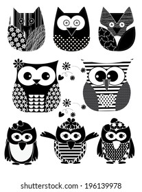 Owl collection hand drawn style, funny doodle, vector Illustration, anti stress coloring page for coloring book and can be use for t-shirt, logo, invitation, greeting card, fashion,
