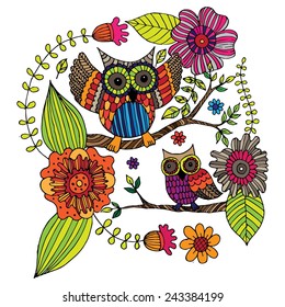 Owl collection hand drawn style, funny doodle, vector Illustration, anti stress coloring page for coloring book and can be use for t-shirt, logo, invitation, greeting card, fashion,
