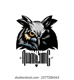 Owl. Color, graphic, hand-drawn portrait of a owl looking ahead on a white background