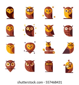 Owl Color Vector illustration collection. Set of flat owls. Unique illustration for design.