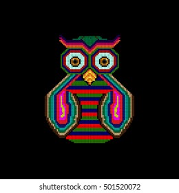 Owl . Colorful owl, drawn in small circles on a background of faylet, suitable for stitching, design of t-shirt, vector illustration
