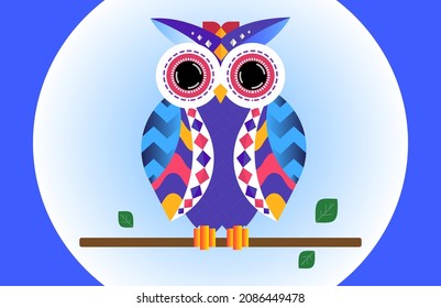 Owl colorful illustration. Cute owl cartoon on gradient background.