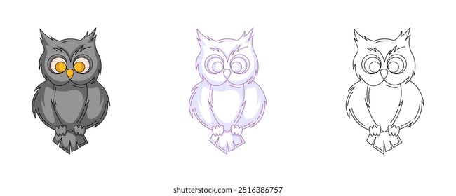 Owl, colorful and line icons set. Traditional halloween mystic symbol, predatory night bird. Vector flat icon, monochrome purple, color, outline illustration. For logo, sticker, coloring book, label