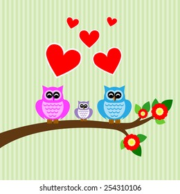 owl colorful in love on tree branch and green background