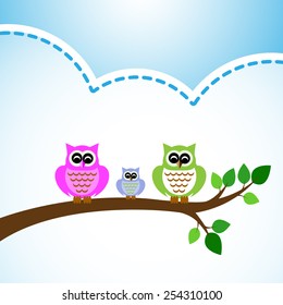 owl colorful  set on tree branch and blue background