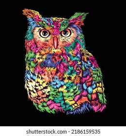 Owl, Colorful Vector illustration, Black background.