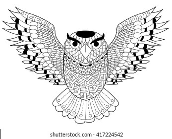 Owl coloring book for adults vector illustration. Anti-stress coloring for adult. Zentangle style. Black and white lines. Lace pattern