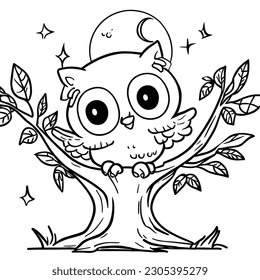 Owl coloring page. Black and white hand drawn illustration for coloring book.
