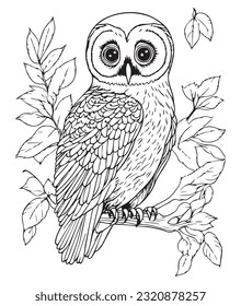 Owl coloring page. Cute Owl page for kids and adults. mid content coloring page for amazon KDP. Coloring outline of Owl. Wild life coloring interior design