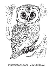 Owl coloring page. Cute Owl page for kids and adults. mid content coloring page for amazon KDP. Coloring outline of Owl. Wild life coloring interior design