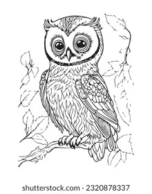 Owl coloring page. Cute Owl page for kids and adults. mid content coloring page for amazon KDP. Coloring outline of Owl. Wild life coloring interior design