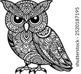 an owl coloring page with a mandala pattern in vector design on a white background