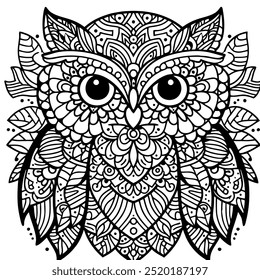 uma coruja página coloração com um padrão mandala em design vetorial em um fundo branco