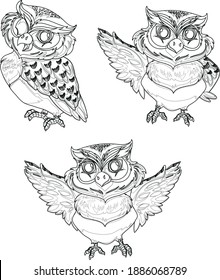 Owl Coloring Pages With Line Art Design Hand Drawing Sketch Vector illustration For Adult And Kids Coloring Book