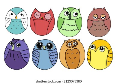 Owl comic elements decorative. Adorable doodle, cute illustration character colorful graphic isolates from background. Vector set drawing art of sweet owlet, cheerful emotion design of bird.