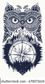 Owl and compass tattoo art. Symbol of wisdom, meditation, thinking, tourism, adventure 