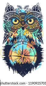 Owl and compass tattoo and t-shirt design. Symbol of meditation, thinking, tourism, adventure, wisdom 